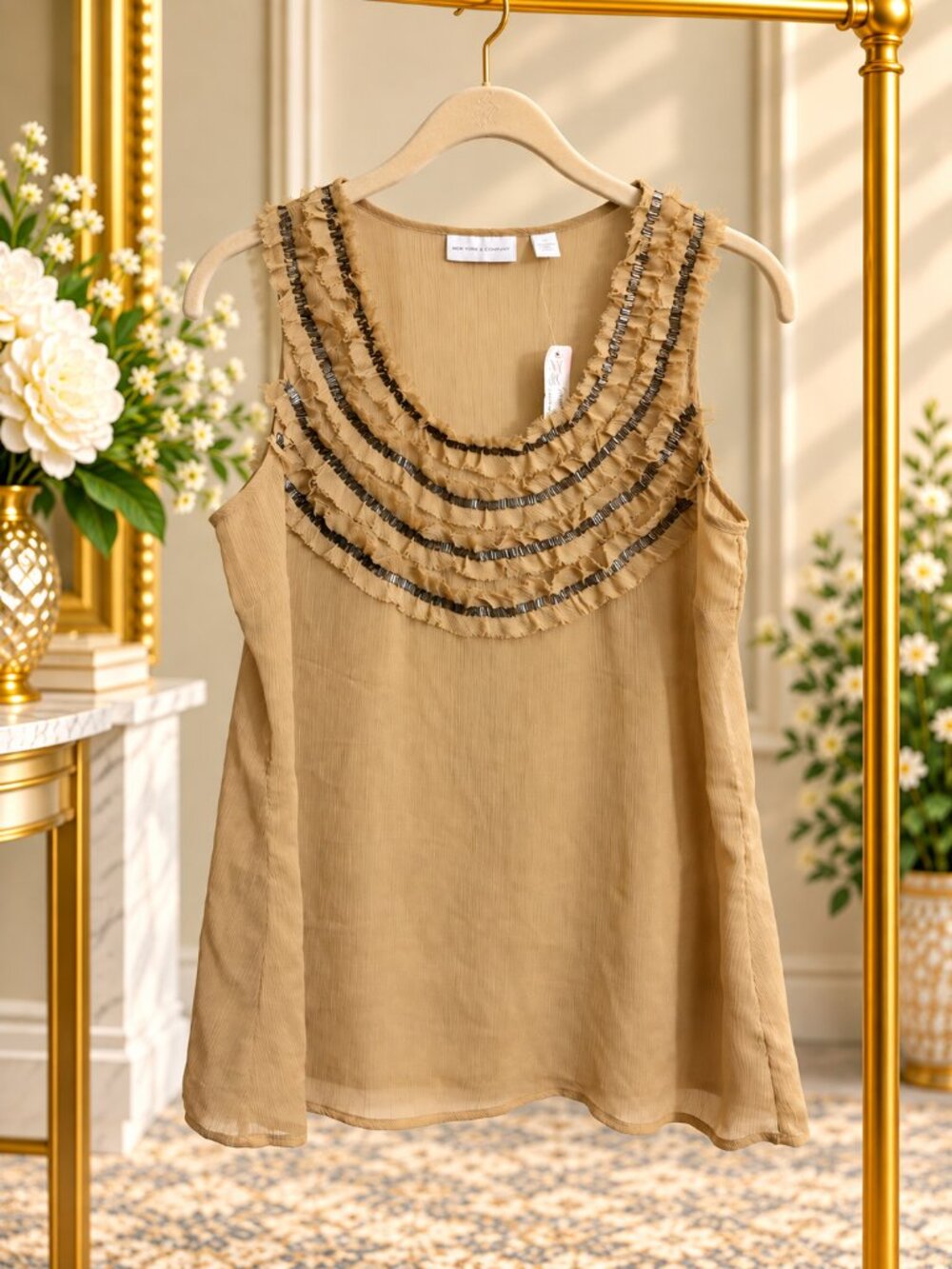 New York & Company NWT Tan Beaded Fringe Sleeveless Blouse Small